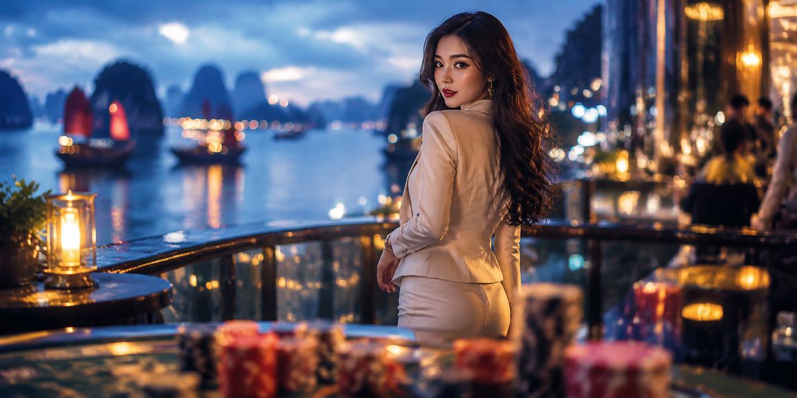 Khung cảnh vịnh Hạ Long với thiết bị di động đang hiển thị giao diện casino trực tuyến